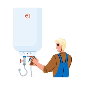 Plumber installing water heater system in house vector