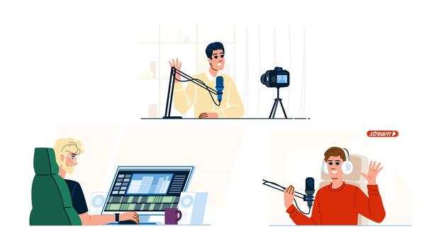 contenido creadores trabajando en radiodifusión y edición vector