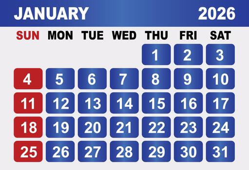 January 2026 Calendar Grid With Days And Dates illustration vector