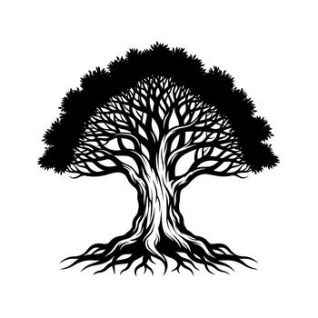 Stylized Black and White Tree with Intricate Branches and Roots. vector