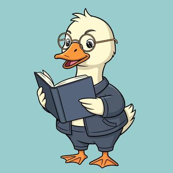 Adorable cartoon duck character in smart attire reading a book, portraying an educated and studious avian figure, perfect for educational content and whimsical designs vector