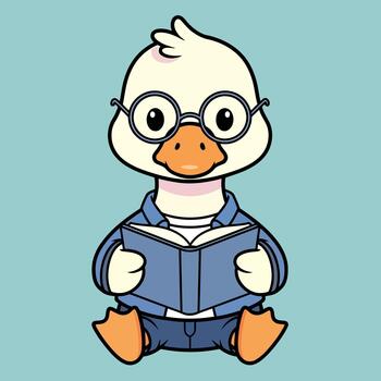 Charming cartoon duck character with eyeglasses diligently reading a book, representing education, intelligence, and a love for learning and personal growth vector