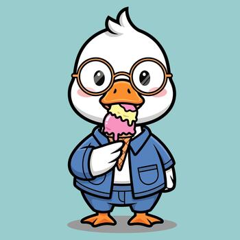 A charming cartoon duck character with stylish glasses and a blue jacket happily enjoys a colorful multi-scoop ice cream cone, exuding playful charm and summer joy vector