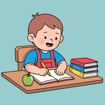 Cheerful cartoon boy focused on learning, writing in a notebook at a desk with colorful textbooks and a healthy apple, symbolizing early education and study time vector