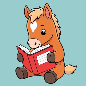 A charming cartoon baby horse with a gentle expression engrossed in reading a bright red book, fostering a sense of curiosity and learning in a delightful, educational scene vector