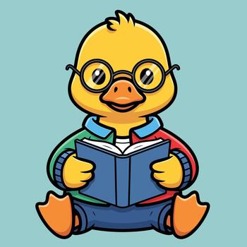 A cheerful cartoon duck in round glasses and a vibrant colorful sweater, deeply focused on reading a book, symbolizing learning and knowledge vector