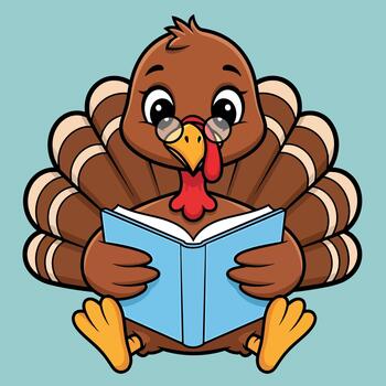 Adorable cartoon turkey with spectacles engrossed in reading a captivating book, showcasing an educational and studious avian character for children's learning themes vector