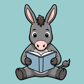 An adorable cartoon donkey with large, expressive eyes sits comfortably, engrossed in reading a fascinating book, depicting a delightful scene of learning and intelligence vector