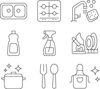 limpiar y funcional conjunto de minimalista línea íconos representando cocina y limpieza actividades, aislado en un transparente antecedentes vector