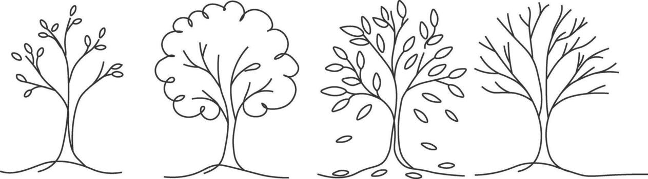 Continuous line art illustration of a single tree transitioning in the four seasons, spring, summer, autumn, and winter on a white background vector