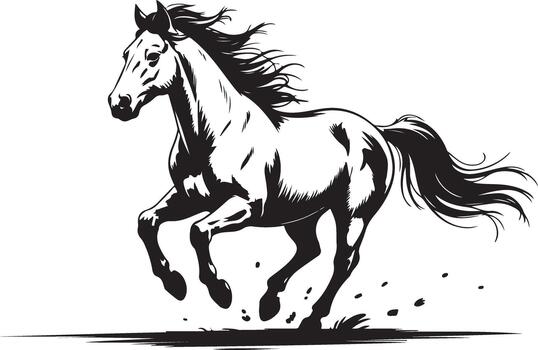 dinámica caballo semental con largo melena corriendo galope a través de abierto campo debajo ligero brisa vector