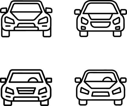 Front view outline icons of various cars, representing transportation and automotive concepts isolated on white background vector