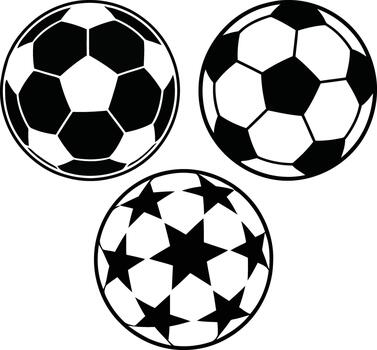 Tres fútbol pelotas con clásico hexagonal y estrella patrones, aislado en blanco antecedentes vector