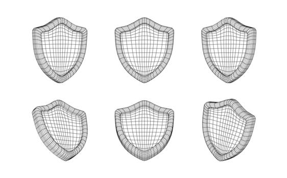 Security Shield Wireframe Set For Protection, Safety, And Digital Defense Concepts. Shields Collection. Illustration vector