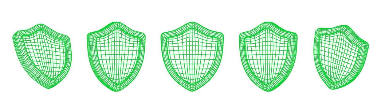 Digital Shield Wireframe Collection Featuring Green 3D Mesh Protection Icons For Technology And Secure System Design. Digital Shield Icons. Illustration vector