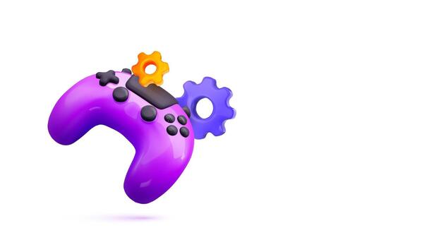 Purple Game Controller Repair And Maintenance With 3D Gear Icon, Highlighting Service, Fixing, And Technical Support In Modern Gaming Design. Illustration. vector