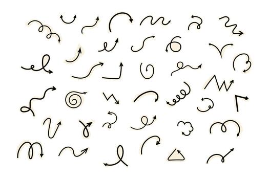 Spiral arrow doodle, collage cutout wavy twist minimal squiggly line. Curve comic set turn way cut out direction. Playful quirky simple free hand elements. vector