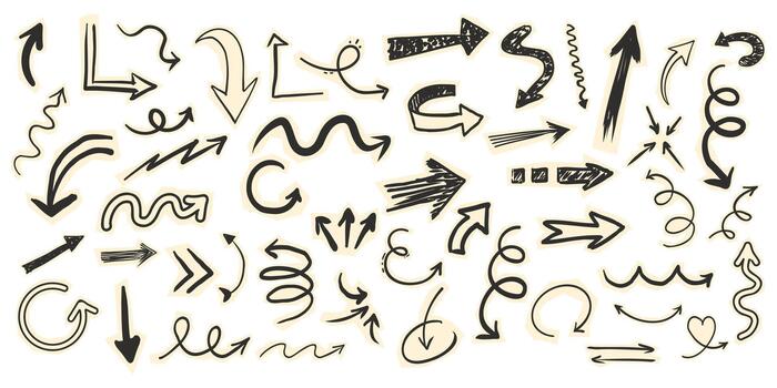 Scrapbook set with paper arrow cutouts torn doodle scribble collage elements. Y2k swirl, up and down, right and left arrow collection vector