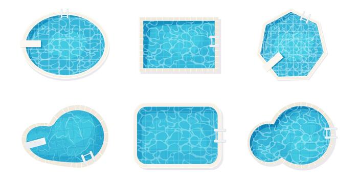 Swimming pool bottom top view with blue water waves texture set. Summer aqua surface with ripples. Collection Spa pool geometrical shapes game texture vector