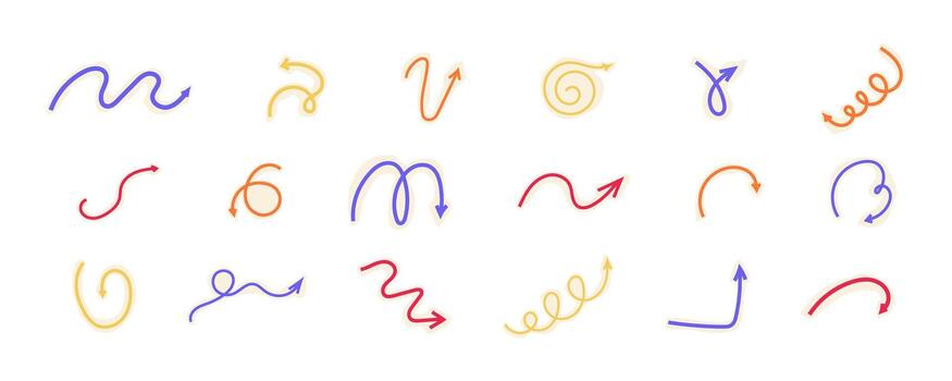 Spiral arrow doodle, collage cutout color wavy twist minimal squiggly line set. Curve comic turn way cut out direction. Playful quirky simple free hand elements. vector