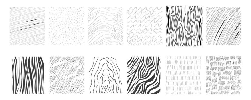 Sketch pencil hand drawn texture set, crosshatch line doodle grunge background. Scribble graphite strokes, lines, wood, shading elements. vector