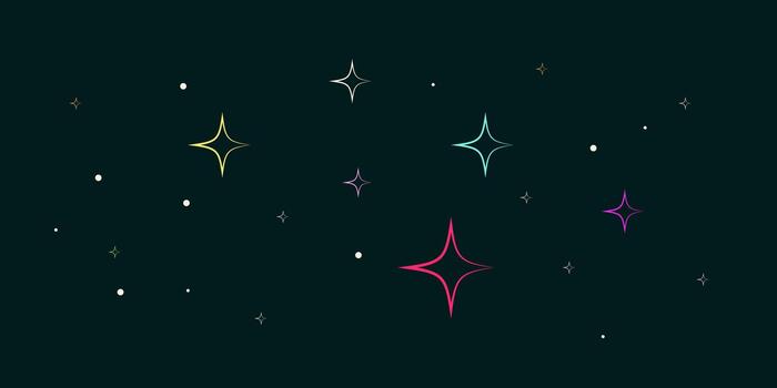 Abstract dark teal background with neon outlined four-pointed stars and scattered dots vector