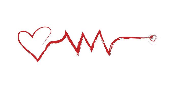 Red hand-drawn heart shape connecting to an electrocardiogram line on a white background. vector