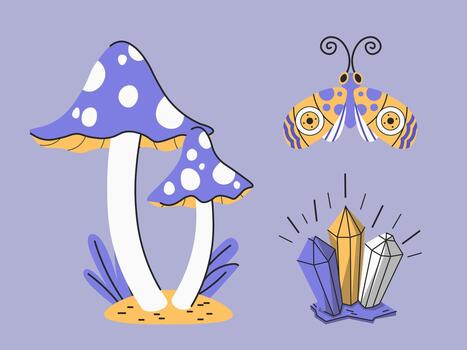Enchanting Elemental Collection Whimsical Fungi Moth and Shimmering Crystals on Lavender Background vector