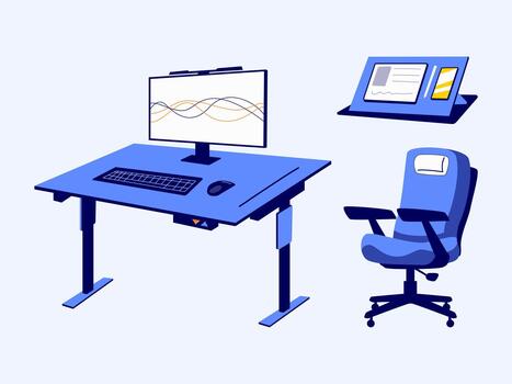 Modern Ergonomic Workstation Layout With Digital Interface And Comfortable Office Chair vector