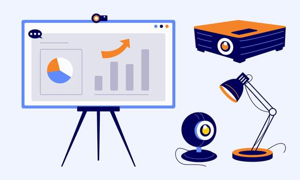 esencial presentación herramientas y oficina equipo gráfico conjunto con cartas y gráficos vector