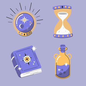 Enchanting Collection Of Mystical Objects Including A Magic Orb An Hourglass And A Spell Book vector