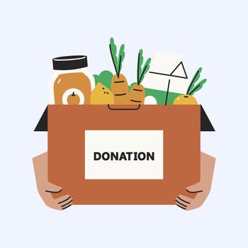 secundario el comunidad con un caja lleno de esencial comestibles para esos en necesitar vector