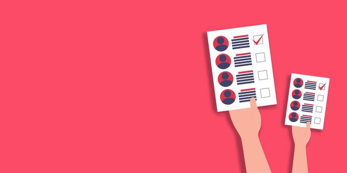 Minimal election background with two raised hands holding completed voting ballots against a solid red backdrop, symbolizing civic participation and the act of voting vector