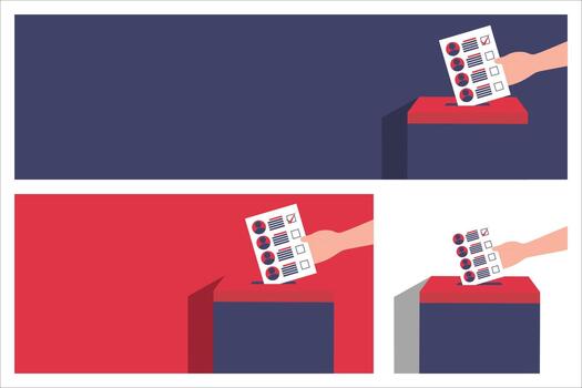 Simple election background showing a hand inserting a marked ballot into a red and blue ballot box, symbolizing voting and democratic participation, with clean minimal layouts vector