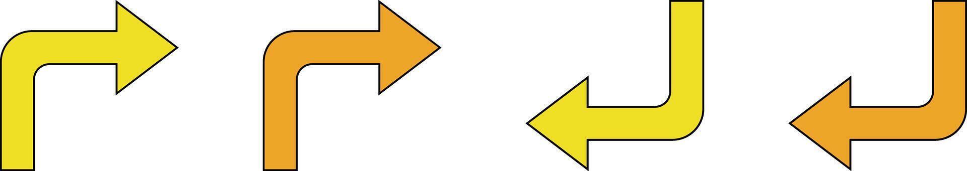 Derecha ángulo doblado flechas indicando giro o camino dirección, amarillo y naranja puntero firmar recopilación, esquina símbolo vector