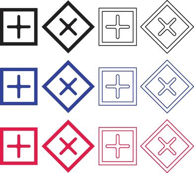 Geometric square and diamond shape icons with plus and cross symbols, add remove button sign set, interface element vector