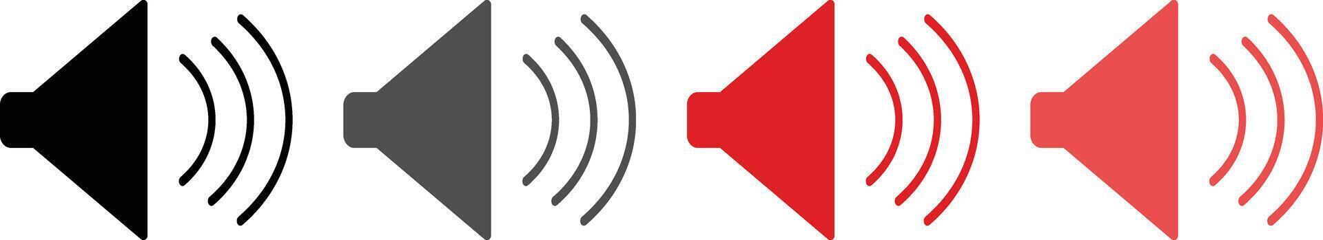 Volume sound speaker audio wave icons set, maximum loud signal mute symbol collection, communication digital interface elements vector