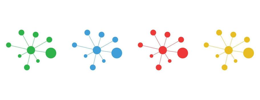 Connected dots network icon set, digital technology connection graphic, communication hub symbol collection, abstract system structure illustration vector