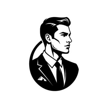 A striking illustration of a confident man in a sharp suit and tie depicted in profile with clean lines and dramatic shading enclosed within a subtle circular frame exuding sophistication and p vector