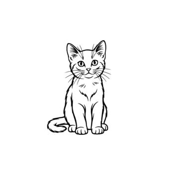 A charming line art illustration of a cute young kitten sitting upright with its tail curled around its paws looking directly forward with expressive eyes and whiskers vector