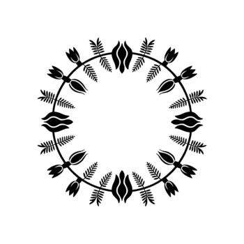 A minimalist illustration of a circular floral frame with repeating tulip buds and stylized leaves vector