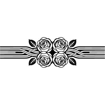A stylized featuring a symmetrical arrangement of four outlined roses with leaves interwoven with abstract flowing lines vector