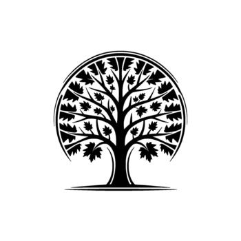 silhouette of an abstract deciduous tree with detailed leaves forming a circular emblem vector