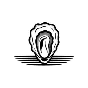 A bold illustration of an open oyster shell revealing its soft interior with stylized parallel lines below vector