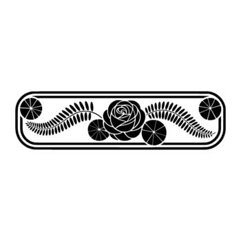 elegante silueta decorativo frontera presentando un central estilizado Rosa rodeado por helecho frondas y geométrico rayos de sol elementos dentro un redondeado rectangular marco vector