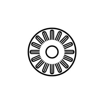A simple line art illustration of a stylized sun or cogwheel with multiple rays emanating from a central circle vector