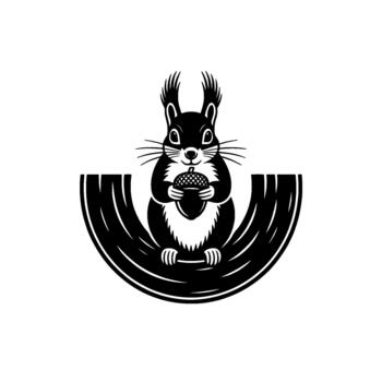 stylized illustration of a friendly squirrel holding an acorn centered within a stylized curved tree branch or log vector