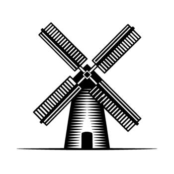 un rígido ilustración de un tradicional holandés molino con cuatro segmentario paño y un texturizado cónico torre aislado vector