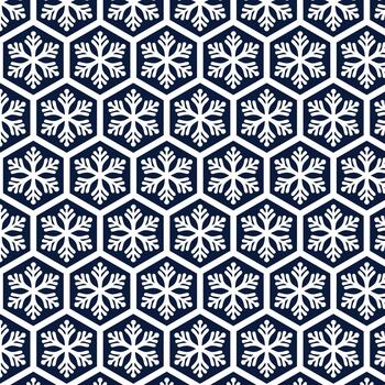 Modern seamless pattern with geometric white snowflakes on deep navy hexagonal tiles. Ideal for winter backgrounds, wrapping paper, textiles and clean holiday design. vector