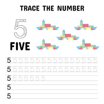 Number 5 Tracing Worksheet with Colorful Blocks vector